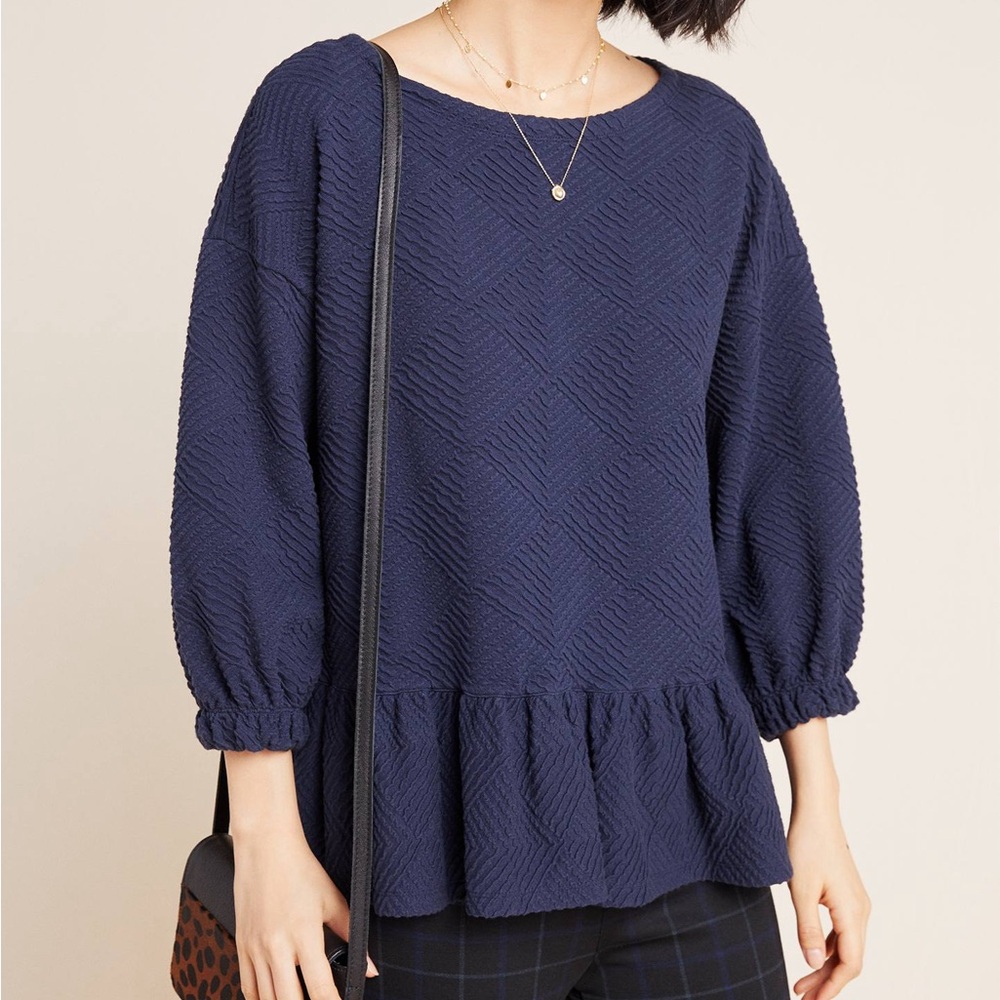 Anthropologie Maeve Navy Blue Peplum Puff Sleeve Blouse